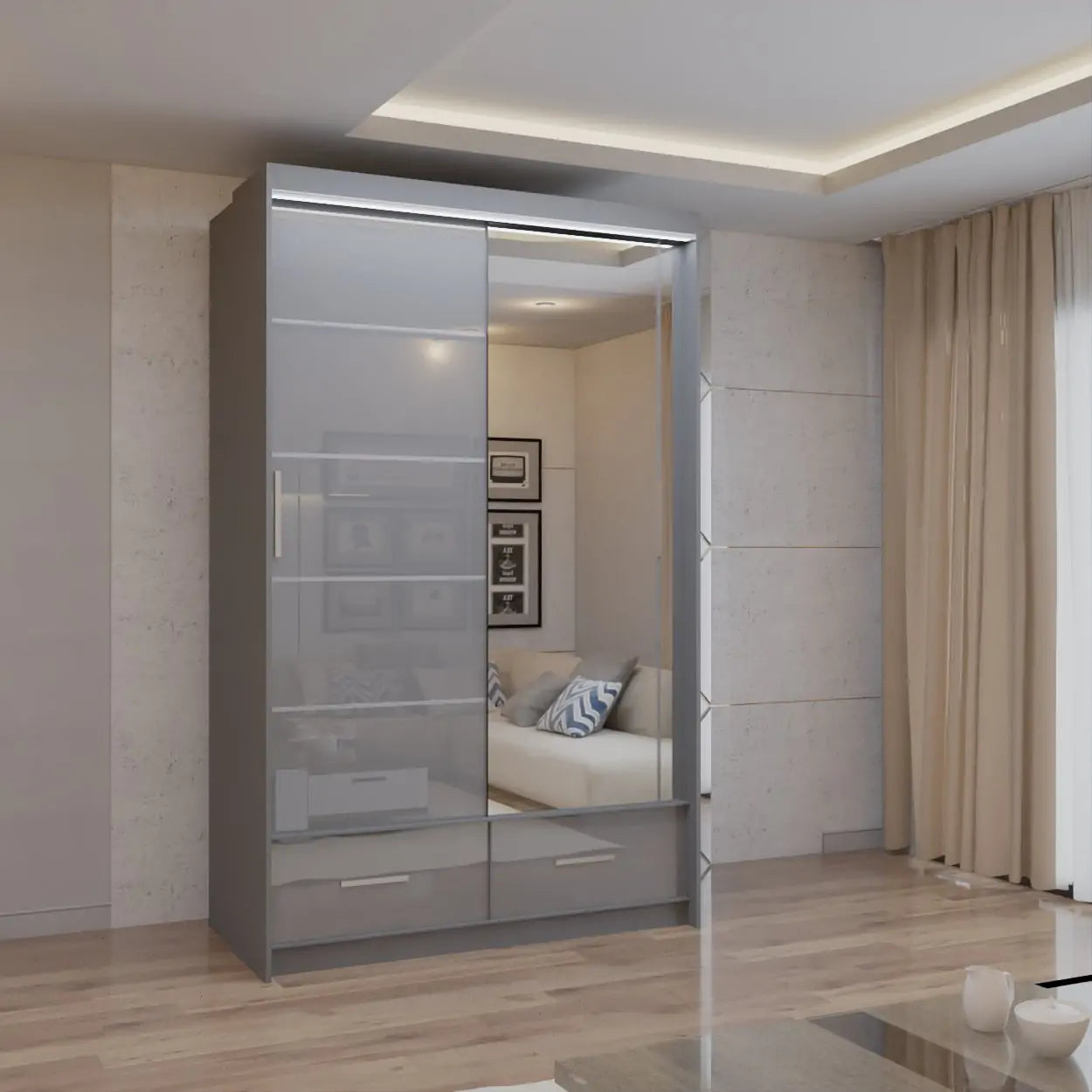 Cysylia High Gloss sliding Door Wardrobe