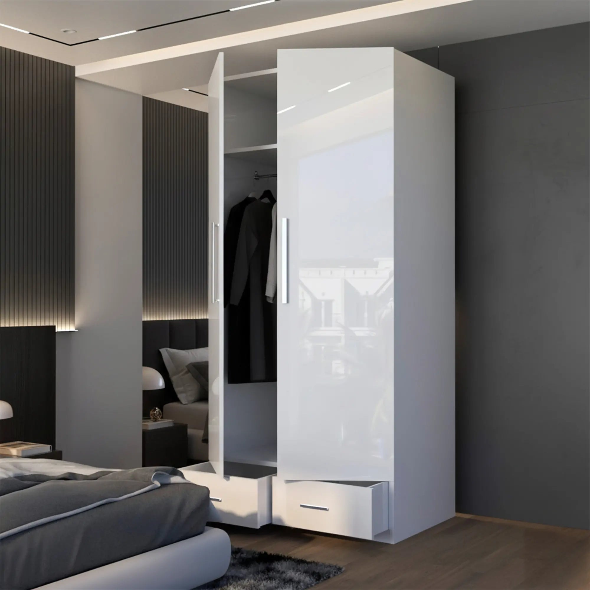 2 & 4 Door High Gloss Hinge Door Wardrobe (Silver Handles)