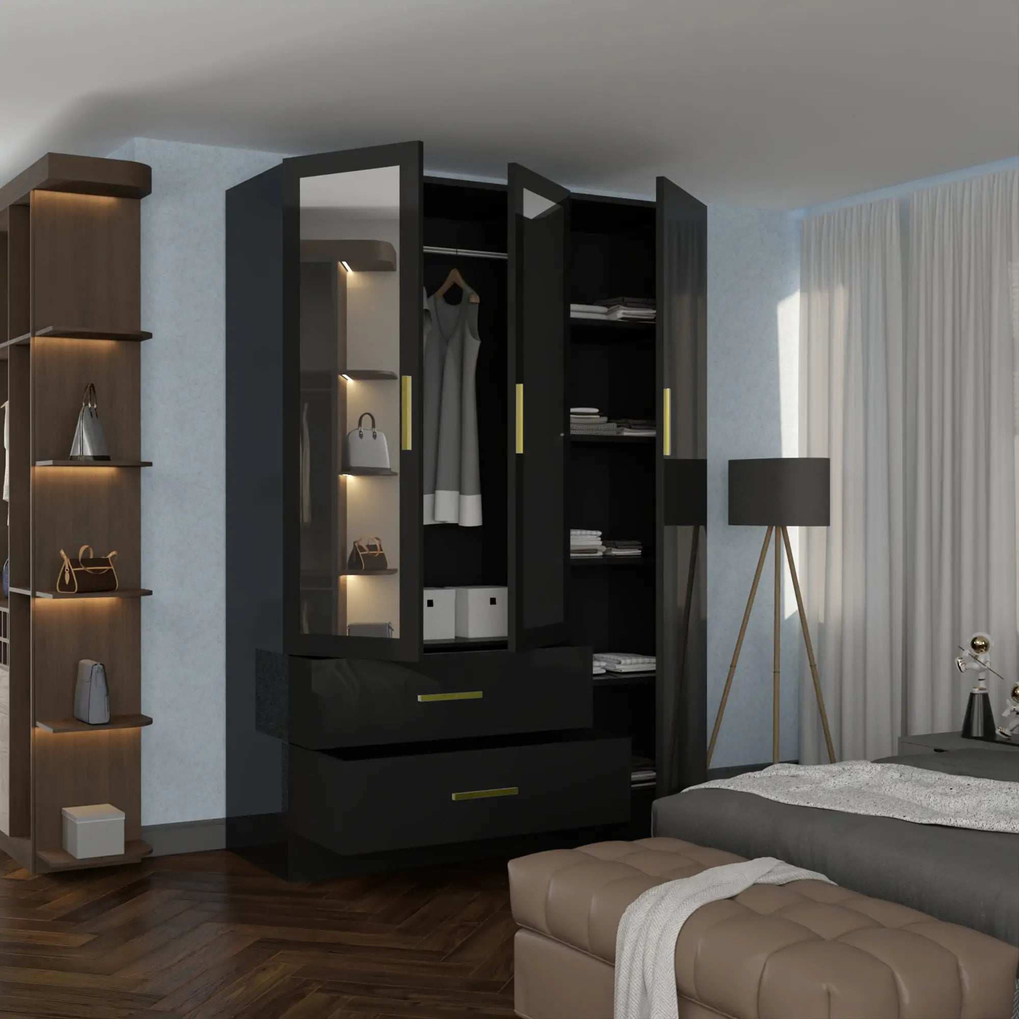 High Gloss 3, 4 Door Wardrobes with Gold Handles(For Images)