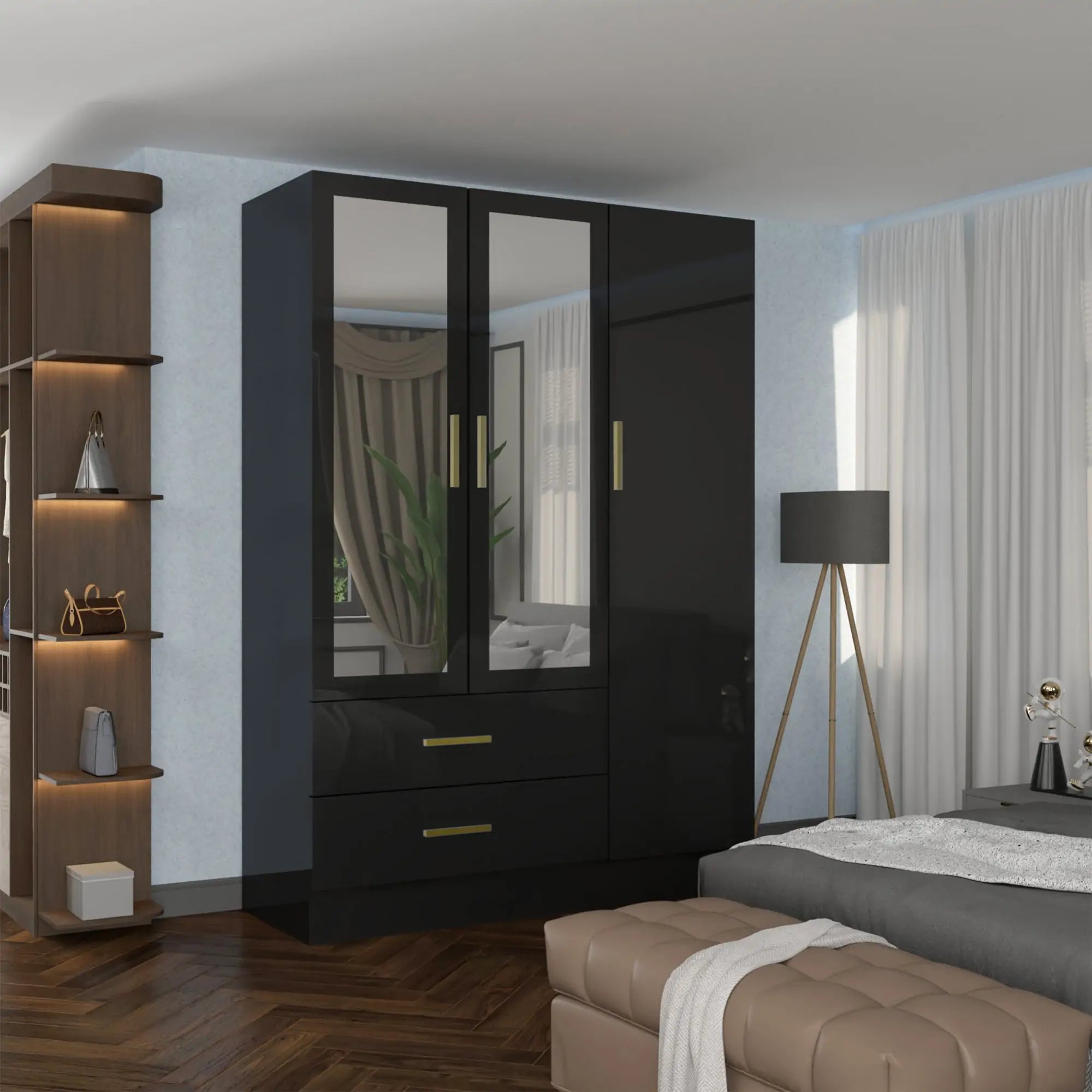 High Gloss 3, 4 Door Wardrobes with Gold Handles(For Images)
