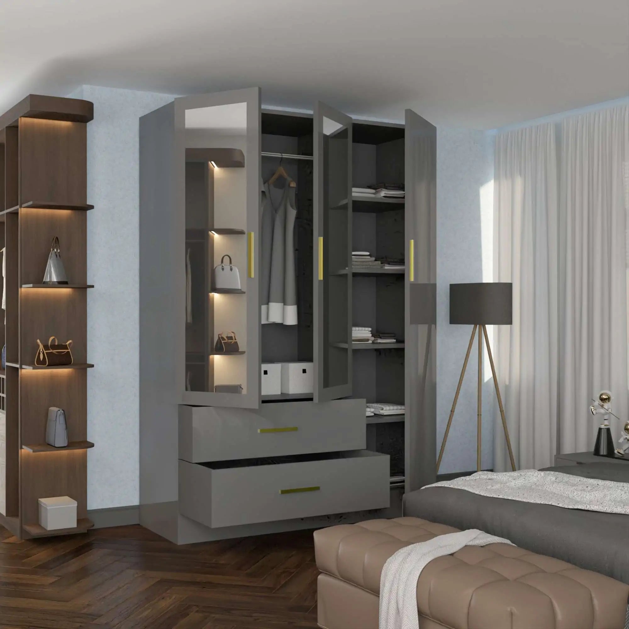 High Gloss 3, 4 Door Wardrobes with Gold Handles(For Images)