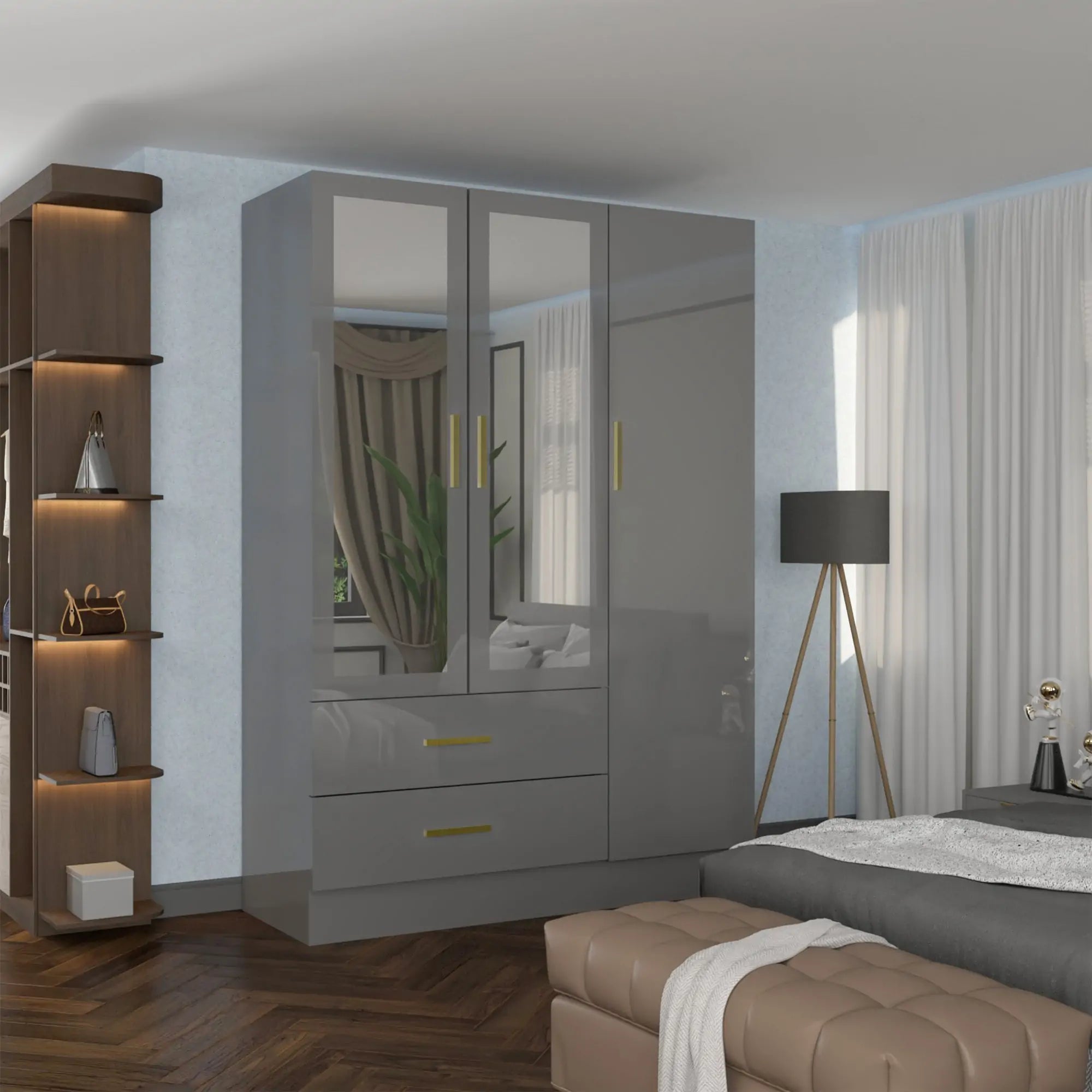 High Gloss 3, 4 Door Wardrobes with Gold Handles(For Images)