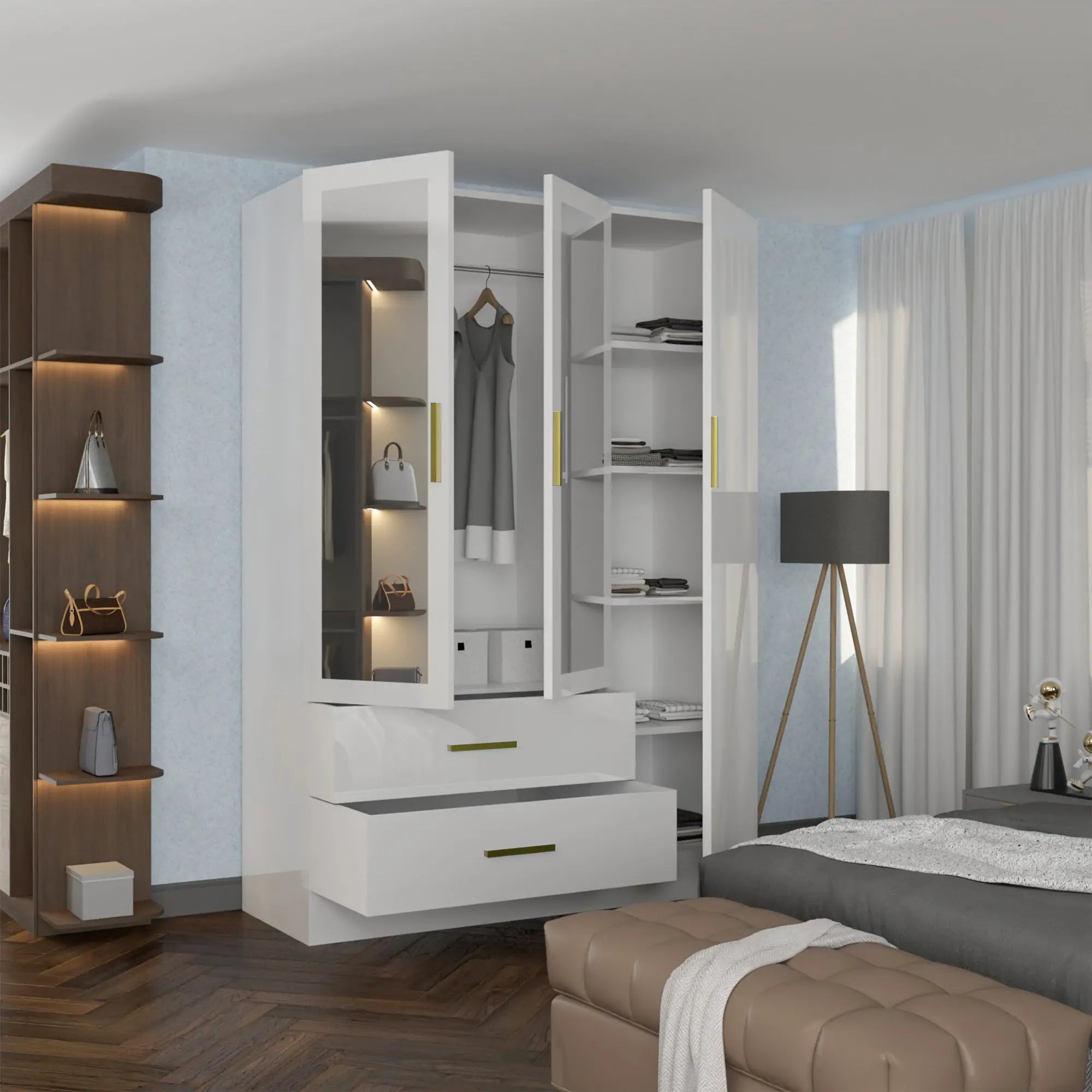 High Gloss 3, 4 Door Wardrobes with Gold Handles(For Images)