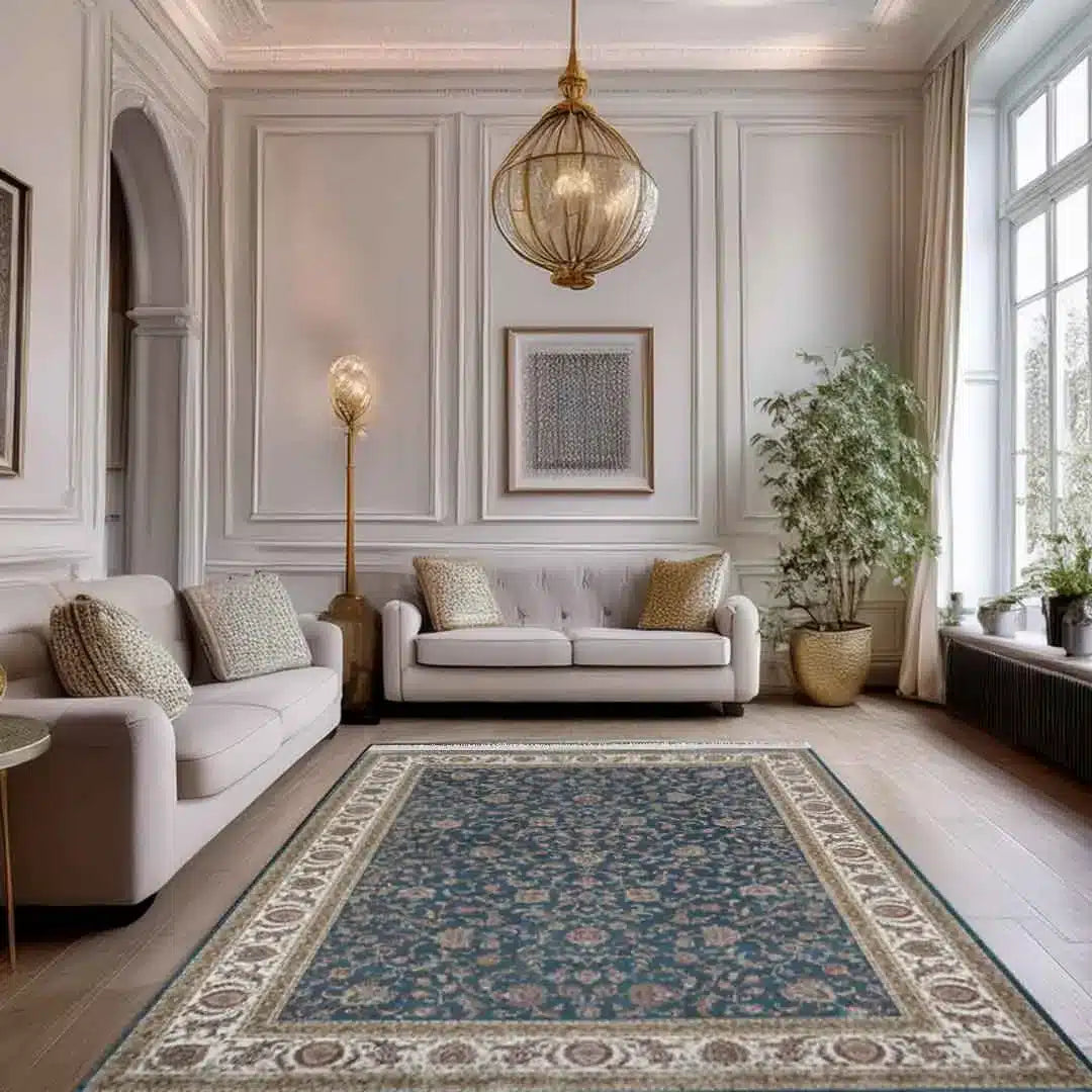 Minyatur Classic Bouquet Navy Cream Border Rug