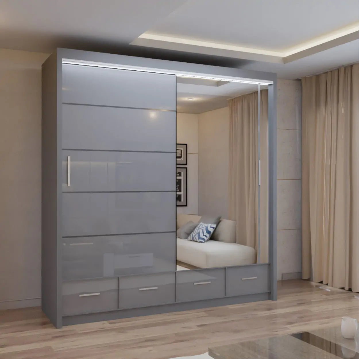Cysylia High Gloss sliding Door Wardrobe