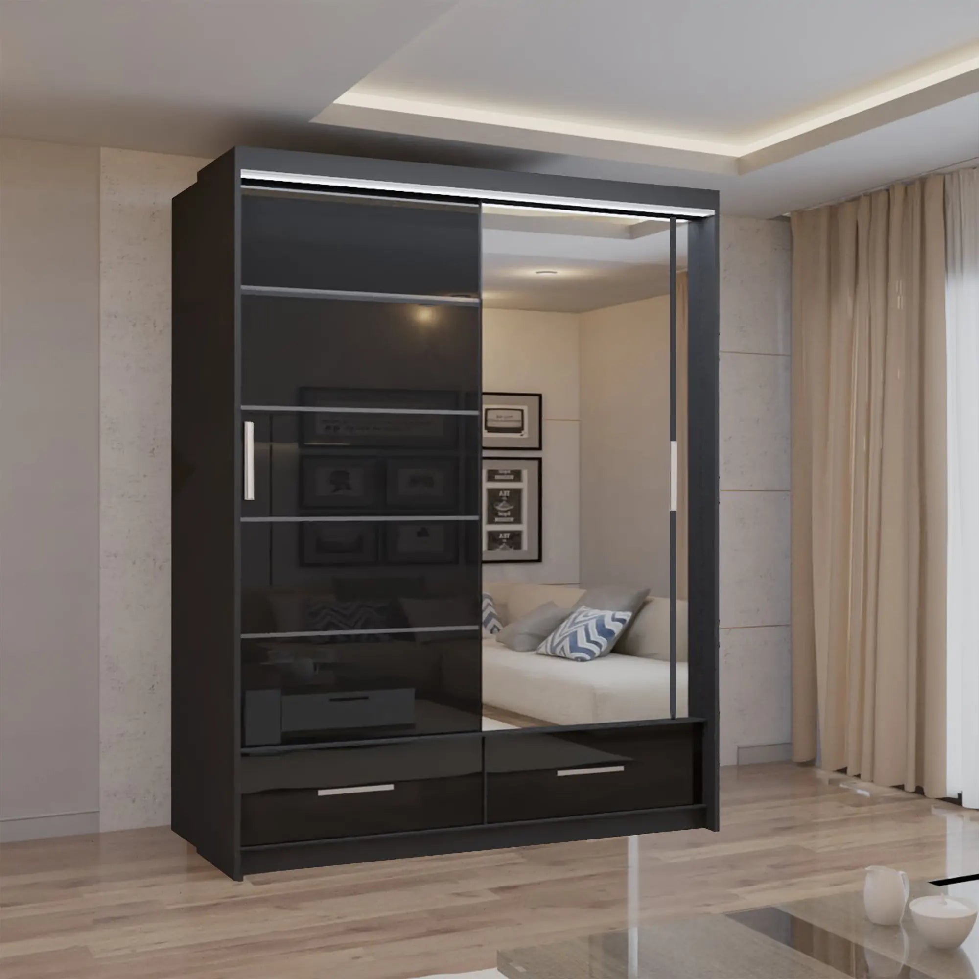 Cysylia High Gloss sliding Door Wardrobe