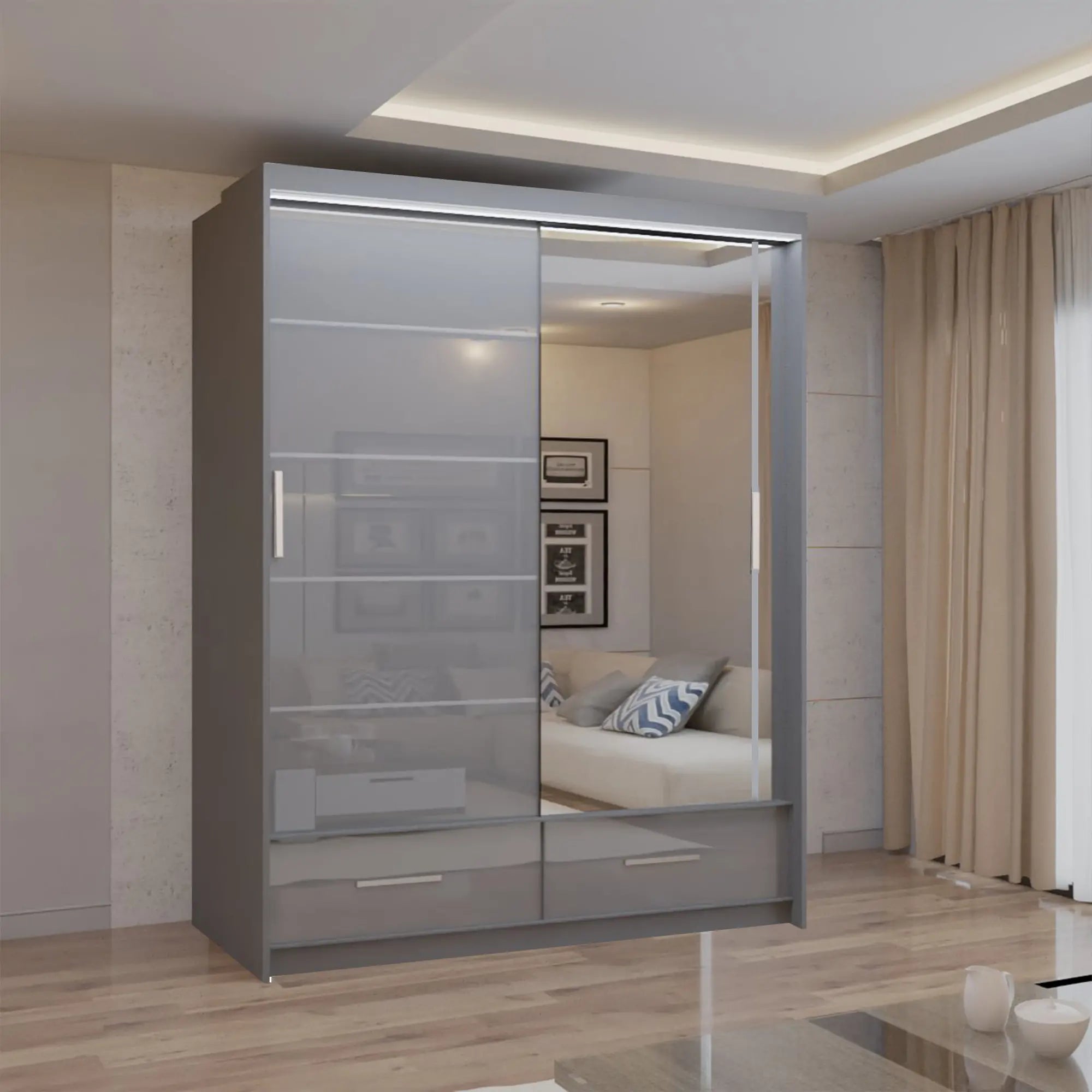 Cysylia High Gloss sliding Door Wardrobe