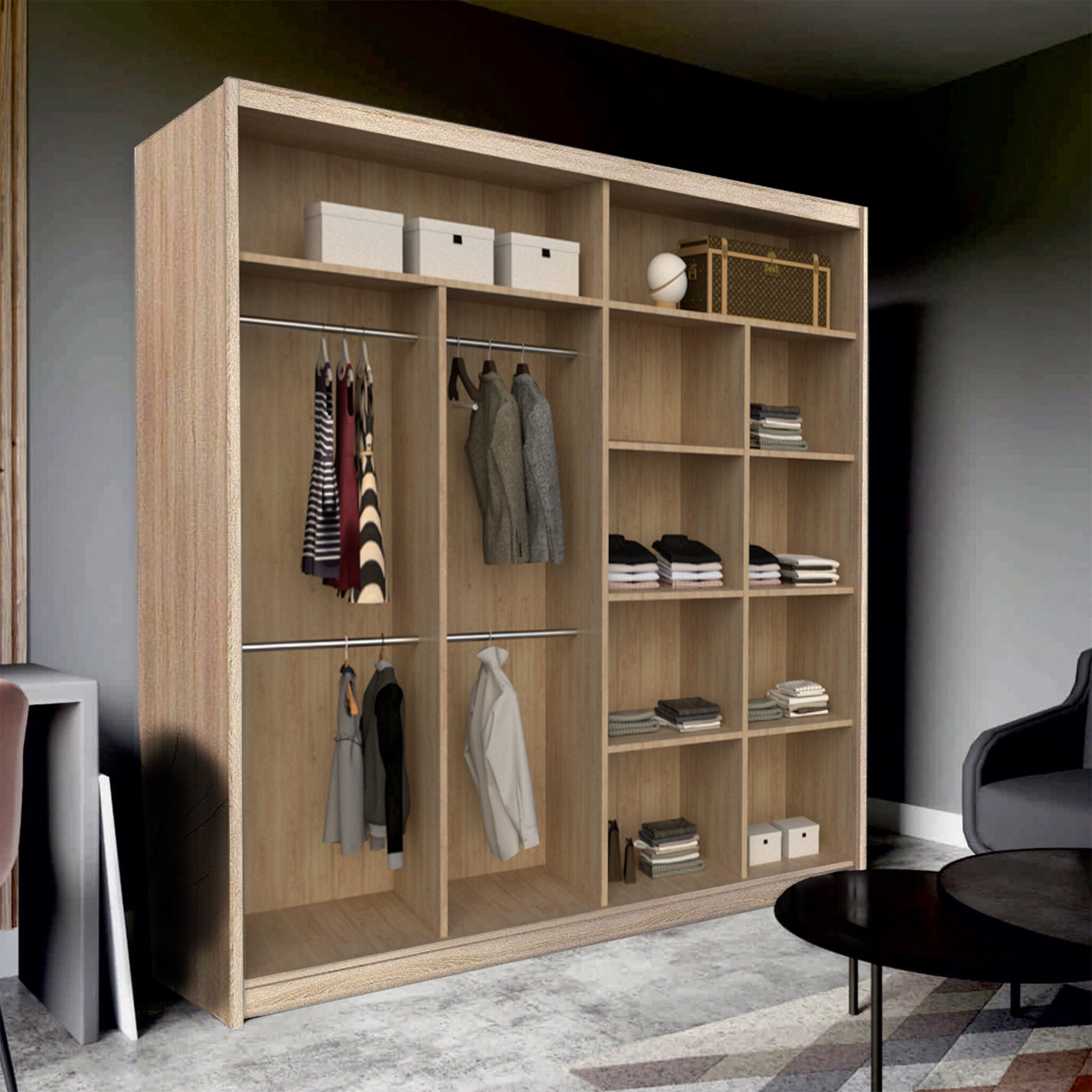 Vision Sliding Wardrobe Black, Grey, Oak and White